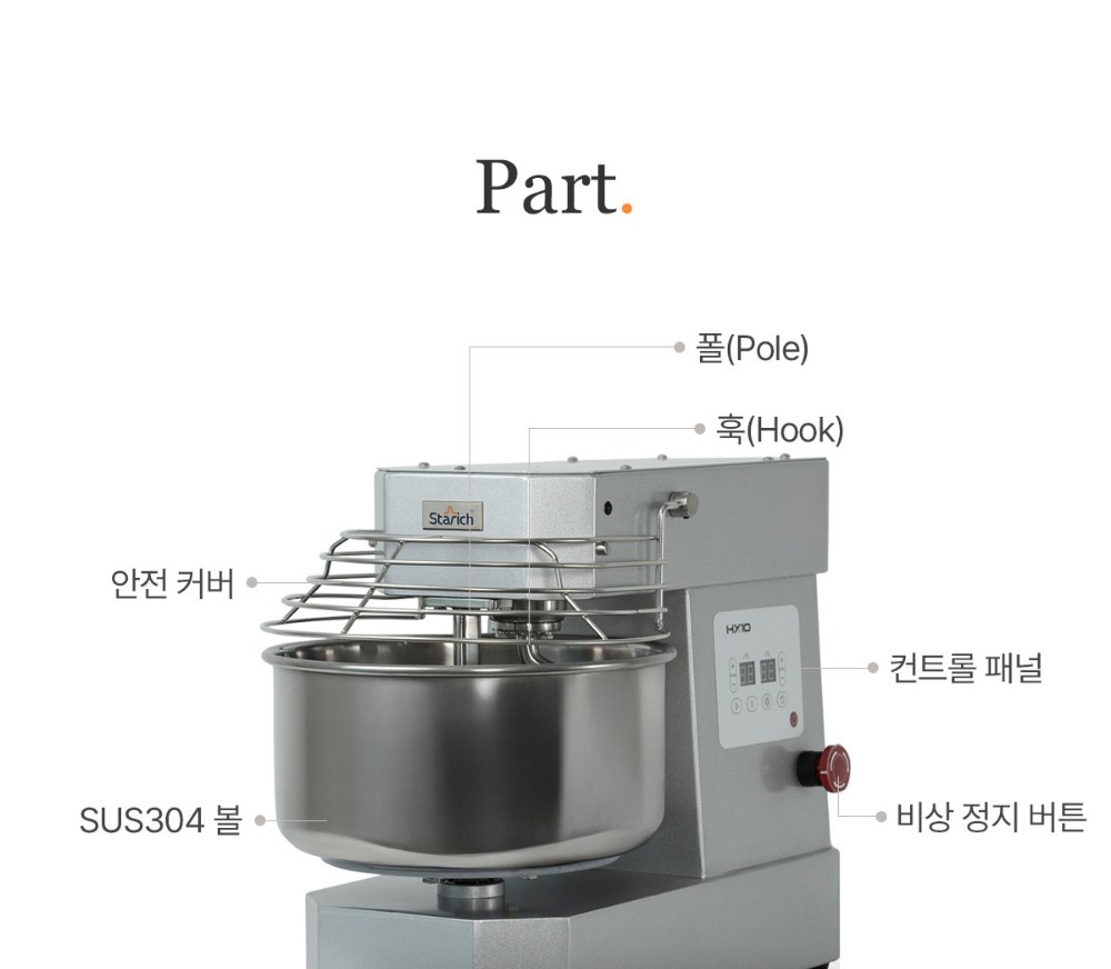 HX10 Part 구성 — 폴, 훅, 안전 커버, SUS304 볼, 컨트롤 패널, 비상 정지 버튼